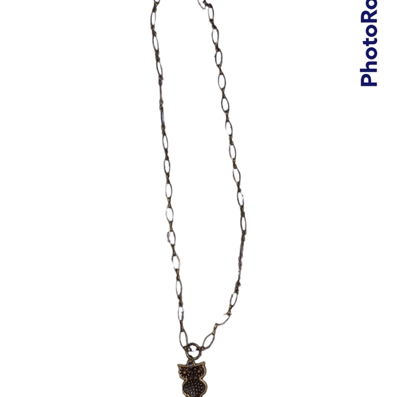 Vintage Bronze Owl Necklace With Clear Rhinestones And Faux Turquoise - Picture 5 of 5